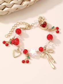 1pc Fashionable Sweet Cute Summer Fruit Cherry Strawberry Heart Bow Floral Element Girl Bracelet - Multicolor - View 1