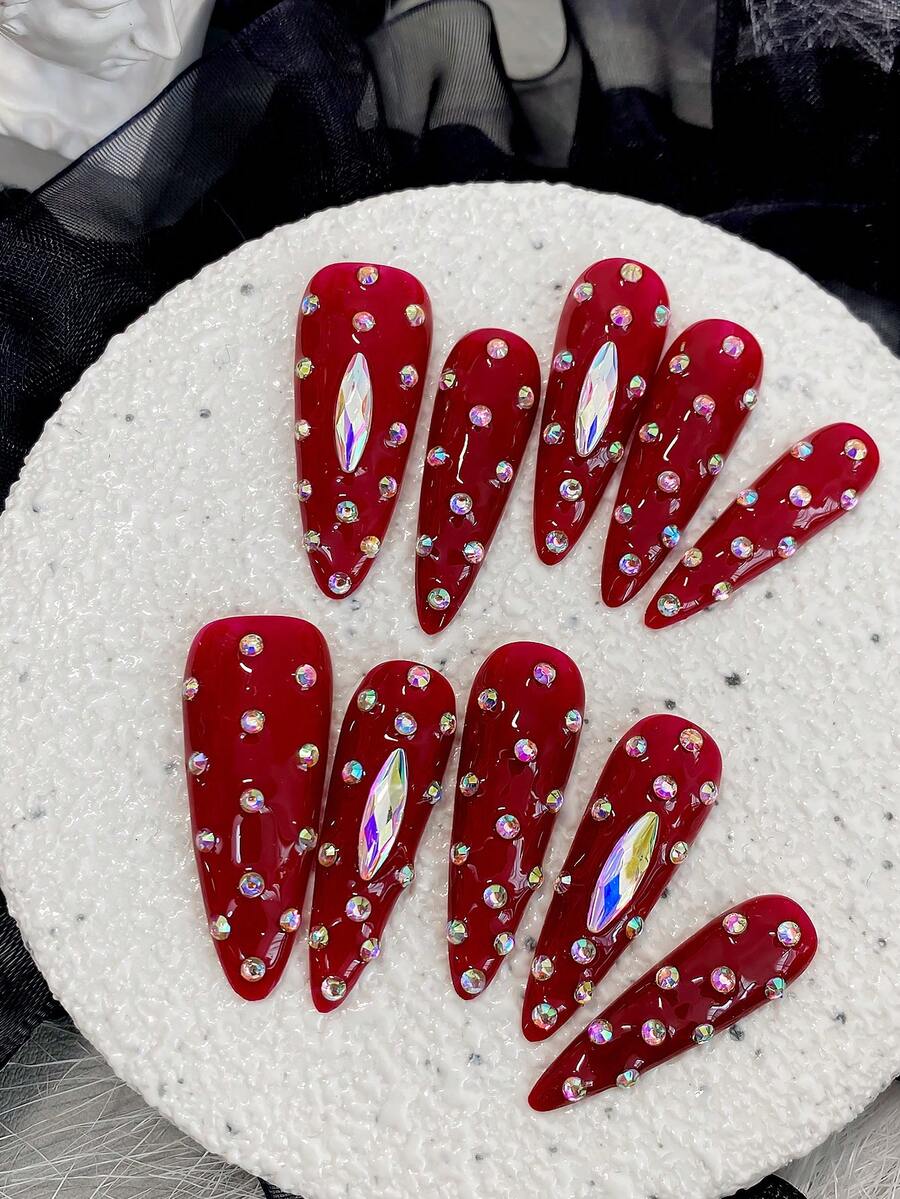 Retro Red Diamond Dance Ball Long Wear Gel Manicure With AB Diamond Handcrafted Detachable Nail Stickers - Red - View 1