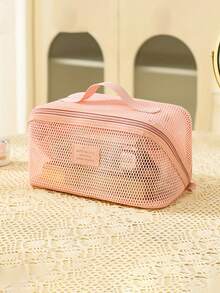 1pc Large Capacity Nylon Mesh Cosmetic Bag, Handheld Multi-Functional Partitioned Travel Toiletry Organizer - Multicolor - View 9