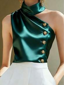 Damen einfarbiges Satin-Trägertop mit asymmetrischem Ausschnitt und Metallknopf-Design für Urlaub und Sommer - Taubenblau - Übersicht 3