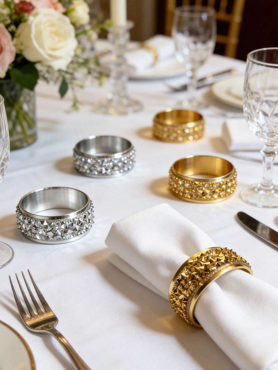 1/6pcs High-End Minimalist Rhinestone Napkin Rings, Suitable For Wedding Party Table Decor, Napkin Holders For Holidays, Valentine's Day, Thanksgiving, Mother's Day - Multicolor - View 1