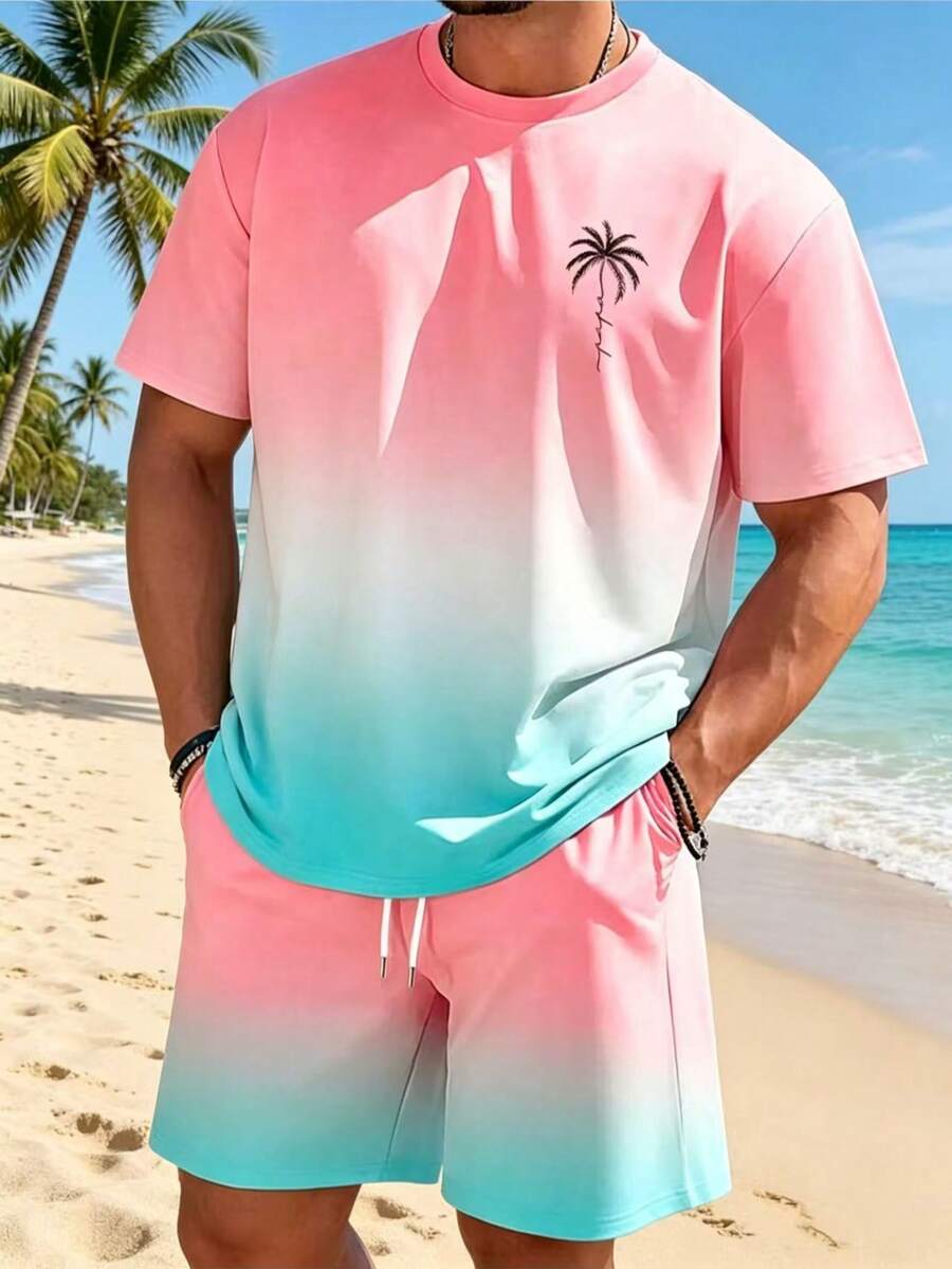 Men's Ombre Gradient Palm Tree Co-Ords Set, Casual Short Sleeve Tee & Shorts, Summer Vacation & Tropical Matching Outfit - 粉色 - 查看 1