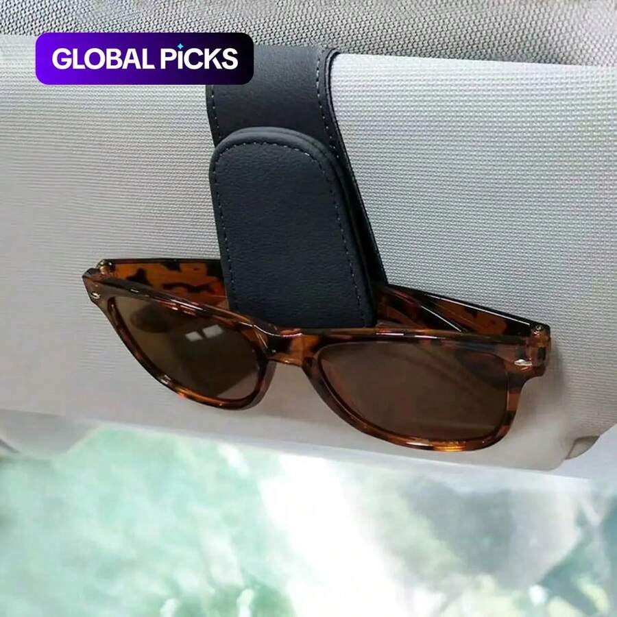 1pc PU Sun Visor Clip-On, Universal For All Vehicles, Multi-Function Car Storage, Sunglasses Holder, Eyeglasses Hook, Card/Document Clip, Black & Gray