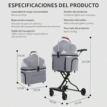 Carreola para Mascotas Plegable y Ligera - Cochecito Portátil con Transportín Desmontable para Perros y Gatos Ideal para Viajes Caminatas y Compras hasta 15 kg de Capacidad - Gris - Ver 2