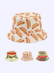 1pc Women's Fashion Food Hamburger, Hot Dog, Pasta Digital Print Reversible Bucket Hat, Suitable For All Seasons Daily Wear,Holiday,Travel - A - View 1