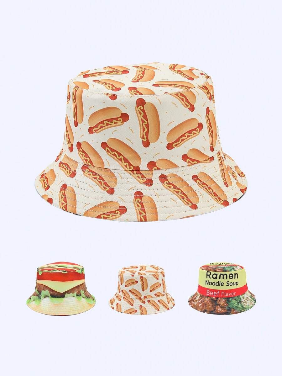 1pc Women's Fashion Food Hamburger, Hot Dog, Pasta Digital Print Reversible Bucket Hat, Suitable For All Seasons Daily Wear,Holiday,Travel - A - View 1