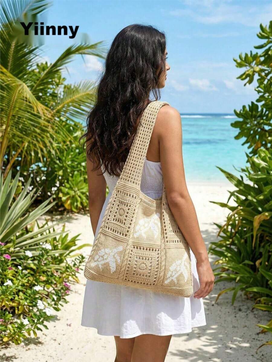 Yiinny Summer New Style Lady Daily Use Lightweight Tote Bags Sea Turtle Pattern Hollowed Out Knitted Crochet Beach Shopping Bags,Summer School Bag For Graduate, Teen Girls, Freshman, Sophomore, Junior & Senior In College, University & High School, Perfect For Outdoors ,Travel & Back To School
