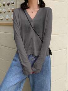 Áo khoác cardigan dệt kim dài tay cổ chữ V dáng rộng, nhẹ, thoáng khí dành cho nữ, thích hợp cho mùa xuân/hè. - Xám - Xem 4