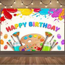 Funky Color Pop Art Birthday Backdrop Colorful Block Letter Happy Birthday Theme With Splattered Paint Brush Strokes & Jars Interior Party Decoration Non-Woven Photo Booth Backdrop For Studio Video Shoot Creative Fine Art Class Celebration Mural - Multicolor - View 4