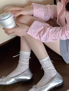 1/2/4雙 Y2K甜美風女款蝴蝶結中筒襪－透視花卉針織中筒襪，甜美蘿莉塔時尚襪，適合青少年女孩與女性 - 白色 - 查看 9