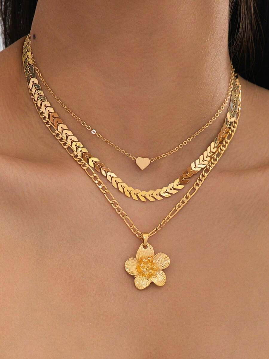 1件金色褶皱花朵吊坠项链，多层链条项链，女士时尚锁骨饰品 - 金色 - 查看 1