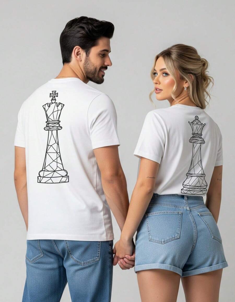 Couple's Set Of 2 Matching King And Queen Checkered Shirts, 100% Cotton - White / Black Print Ela G - View 1