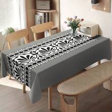 1pc Gray Printed Waterproof Polyester Square Tablecloth, Black & White Geometric Pattern, Wrinkle-Resistant & Easy To Clean, Suitable For Indoor/Outdoor Picnic, Camping, Party, Wedding, Banquet - Light Grey - View 2
