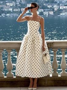 2026 Spring/Summer New Fashionable Elegant Chic Casual Street Vacation Countryside Music Festival Polka Dot Waist Flared Maxi Slip Dress, Women's Valentine's Day Outfit, New Year Outfit, Street Style, Spring Travel, Summer Outfits, Summer Dresses Women, Elegant Dresses, Elegant Dresses Women, Valentine, Music Festival, Guest Dress,, Wedding, Birthday, Going Out, Elegant, Vacation, Casual, Y2K White - 白色 - 查看 6