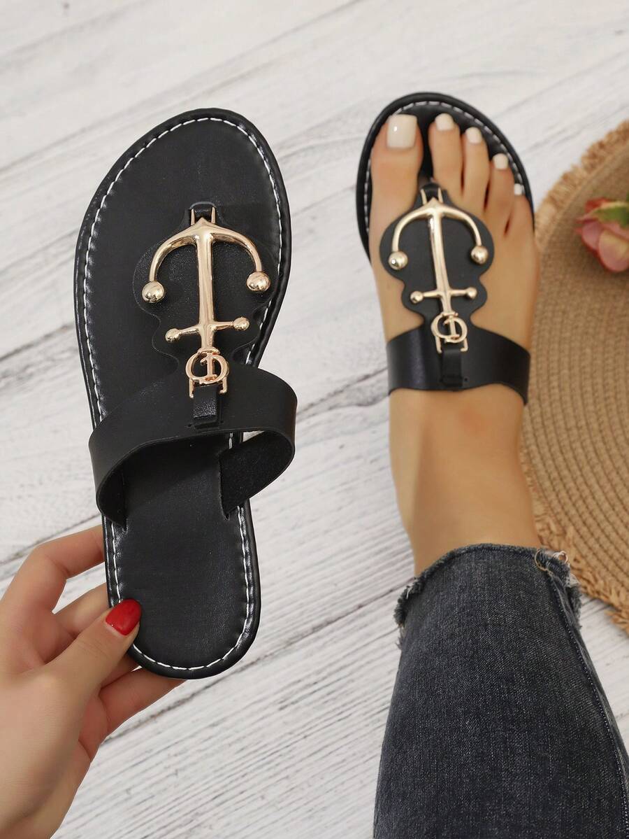 2026 New Metal Buckle Decorated Women Slippers, Preppy, Elegant, Avant-Garde, Unisex, Holiday, Beach Party, Casual, Commute, Business, Outdoor, Western Style, Festival, Home, Outdoor - Black - View 1