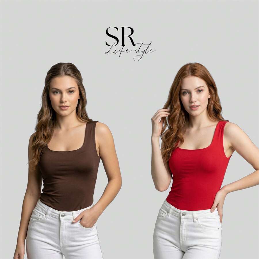 Set Of 2 Women's Premium Square Neck Tank Tops For Summer Fashion - Cokelat/Merah - View 1