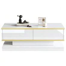 Modern TV Unit And Coffee Table Set In Glossy White, TV Console With 3 Drawers, Coffee Table With 2 Drawers, Gold Details, For Living Room, TV Table And Coffee Table. - White - View 7