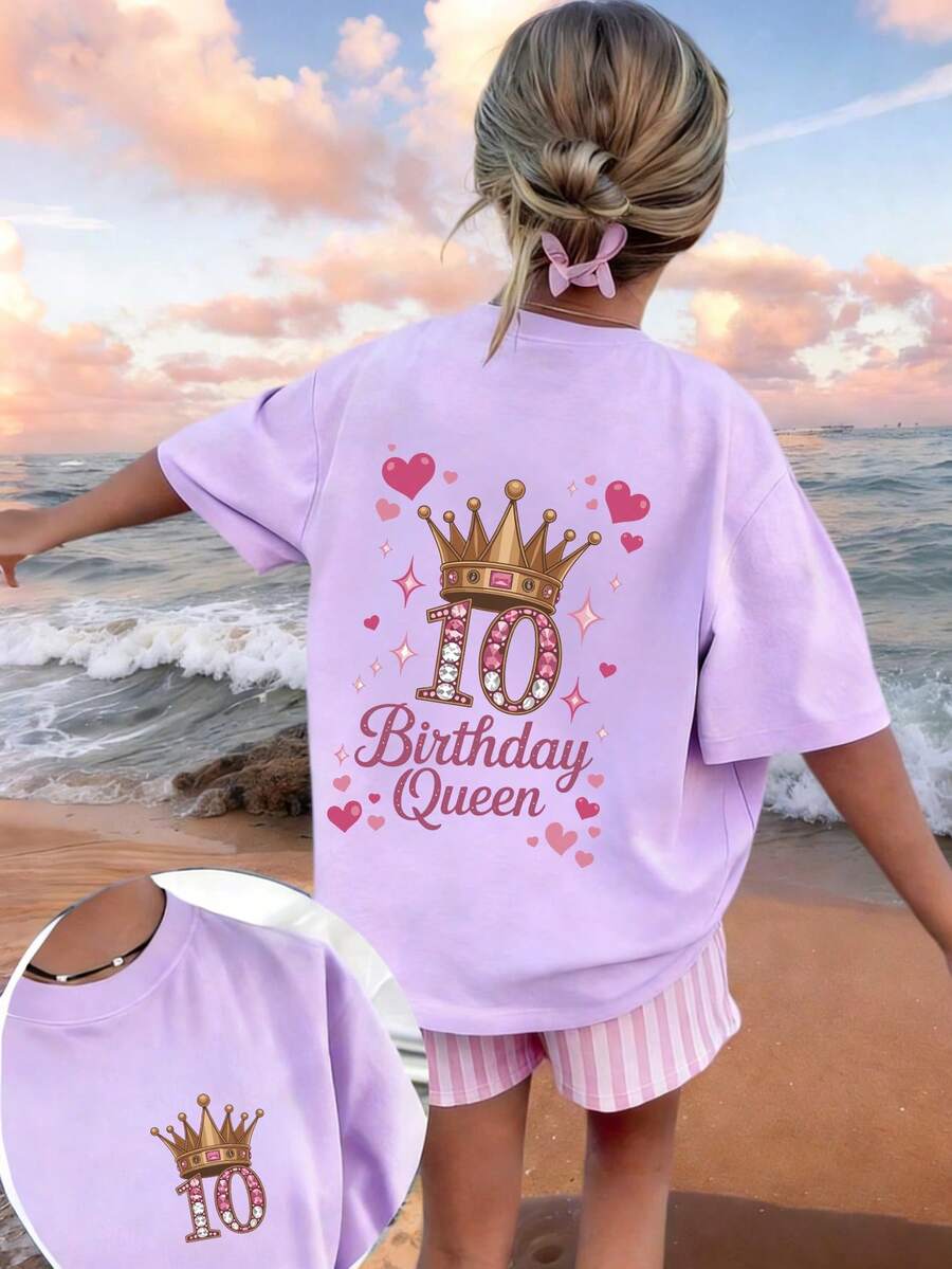 青少年女孩「10歲生日女王」印花T恤，適合活動與日常穿著 - 生日慶祝的理想禮物 - 淡紫色 - 查看 1