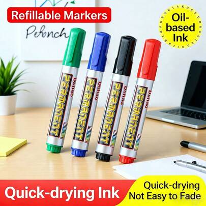 OBOVAY 5pcs Refillable Oil-Based Marker Pen Set, 2mm Chisel Tip Waterproof Fade-Resistant Quick-Drying Markers, Large Capacity Fiber Tip Markers, Suitable For Office, School, Industrial Marking And DIY Crafts, Multi-Color Options, Can Write On Paper, Wood, Metal And Plastic Materials, Ideal Stationery For Students, Professionals And Artists