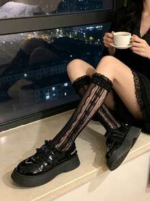 1 Pair Lace Trim Lolita Knee High Socks, Thin Bowknot Lolita Stockings For Summer & Autumn - Multicolor - View 3