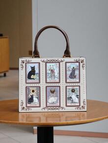 2025 High-End Fashion Summer New Women Handbag, Niche Design Tarot Card Diamond Tote Bag, Large Capacity Y2K Cute Cat Bag, Unique Handmade Embroidery Beaded Briefcase, Retro One Shoulder Tote Bag - 彩色 - 查看 7