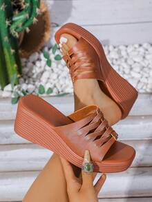 Brown Handwoven Decor Platform Wedge Sandals, Fashion Versatile High Heel Peep Toe Non-Slip Summer Thick Bottom Elevated Shoes For Women - Brown - View 11