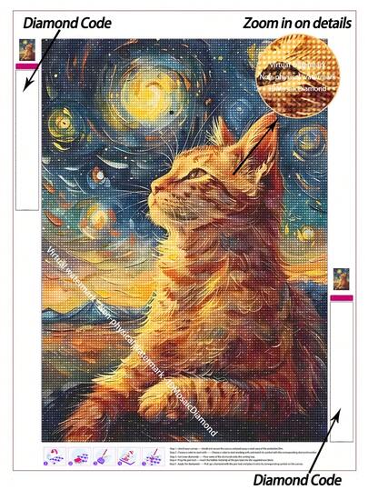 |5D DIY Diamond Painting|Starry Night Orange Tabby Cat Art DIY Diamond Art Kit, Van Gogh-Inspired Swirling Starry Sky, Warm-Toned Fluffy Ginger Cat, Vibrant Impressionist Brushstrokes, Whimsical Art Parody Aesthetic. Handmade Decorative Painting, 5D DIY Embroidery Mosaic Art, Enjoy Hands-On Fun, Ideal Gift For Friends
