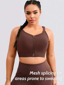 1pc Women Plus Size Sports Bra, Adjustable Back Support Lift Underwear, Front Zipper Casual Tank Top For Spring/Summer - Coffee Brown - View 3