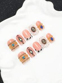10 móng tay giả acrylic thủ công, có thể tái sử dụng, kiểu Bohemian, đính đá quý màu xanh lá cây và hạt vàng trang trí, phù hợp để đeo hàng ngày và dự tiệc, cũng là một món quà ý nghĩa dành cho phụ nữ. - Nhiều màu - Xem 8