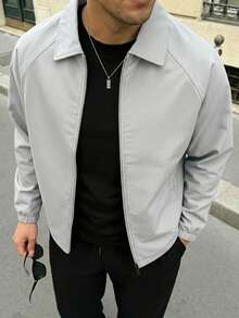 男士休闲纯色教练夹克，简约百搭时尚立领男士秋季外套 - 灰色 - 查看 4