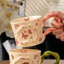 370ml Taza cerámica retro con patrón de mariposa y flor, taza con asa trenzada, taza refrescante para agua/café/té para mujeres - Multicolor - Ver 8