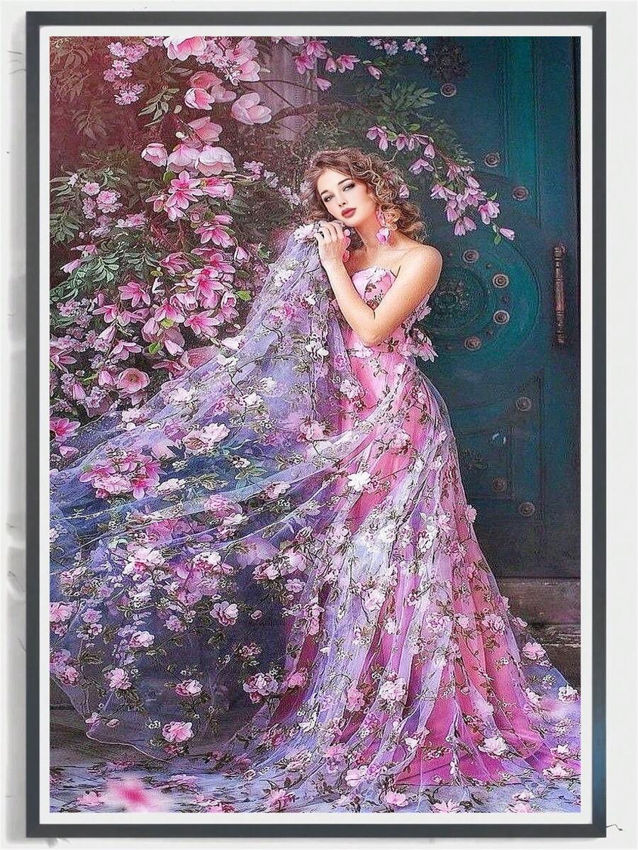 5D DIY钻石画工具套装，肖像主题高贵公主婚纱钻石画，适合成人，艺术家居墙面装饰，亚克力材质，包含圆形钻石、手工工具和马赛克艺术用品。