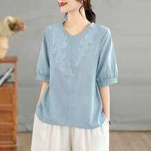 Literary And Retro Style, Loose V-Neck Shirt With Embroidery Summer - Light Blue - View 9