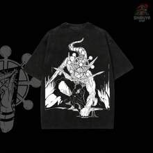 "Mahoraga Is Coming"  Vintage Wash Tees Unisex Oversize Acid Washed Heavyweight Cotton, Graphic Men Clothing Streetwear Anime Double Printed,Cosplay - màu đen - Xem 2
