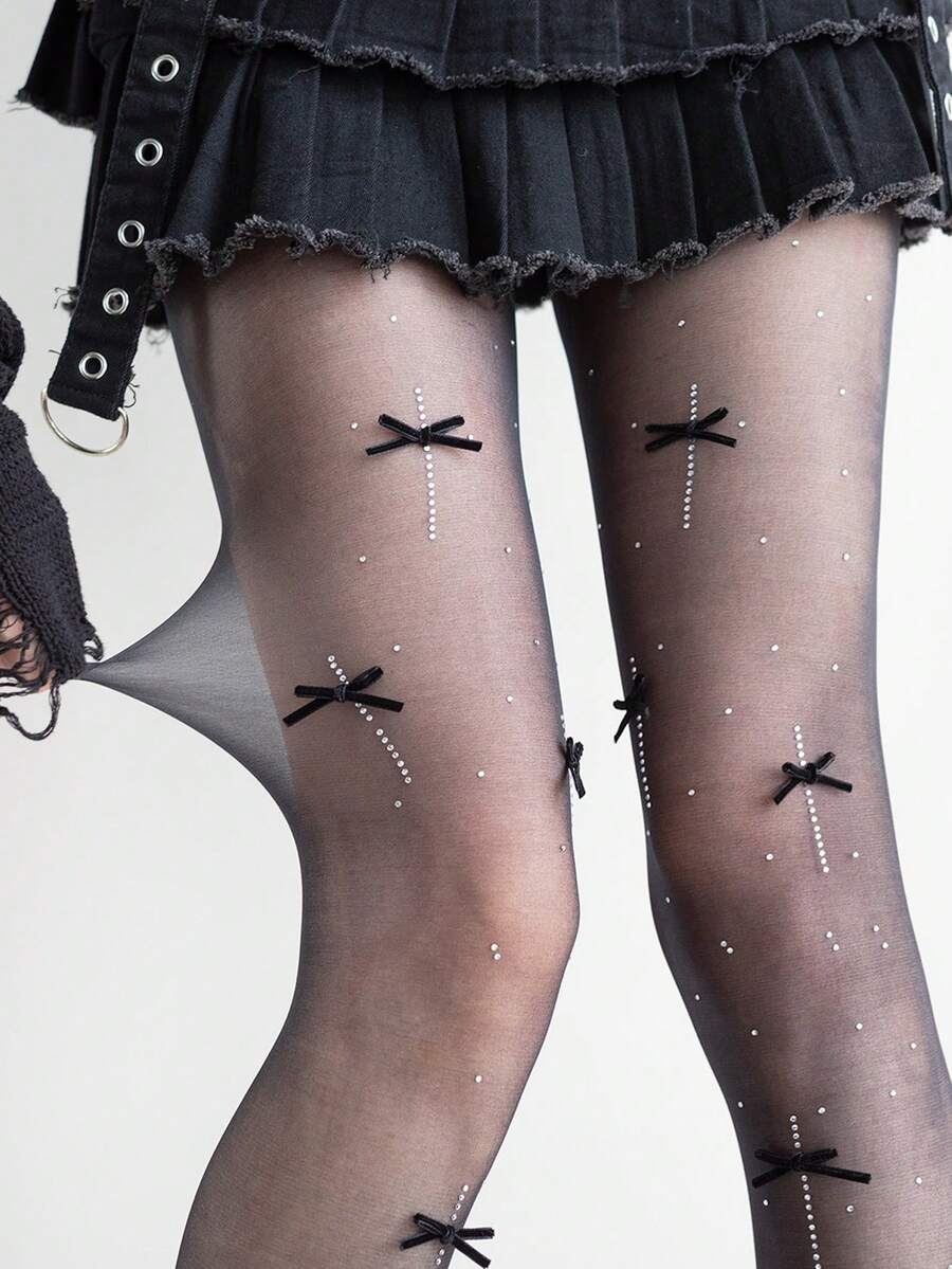 Ultra-Thin Anti-Snag Butterfly Rhinestone Stockings, High Elasticity Slimming Pantyhose, Sexy Black Tights For Daily Commute - Black - View 1