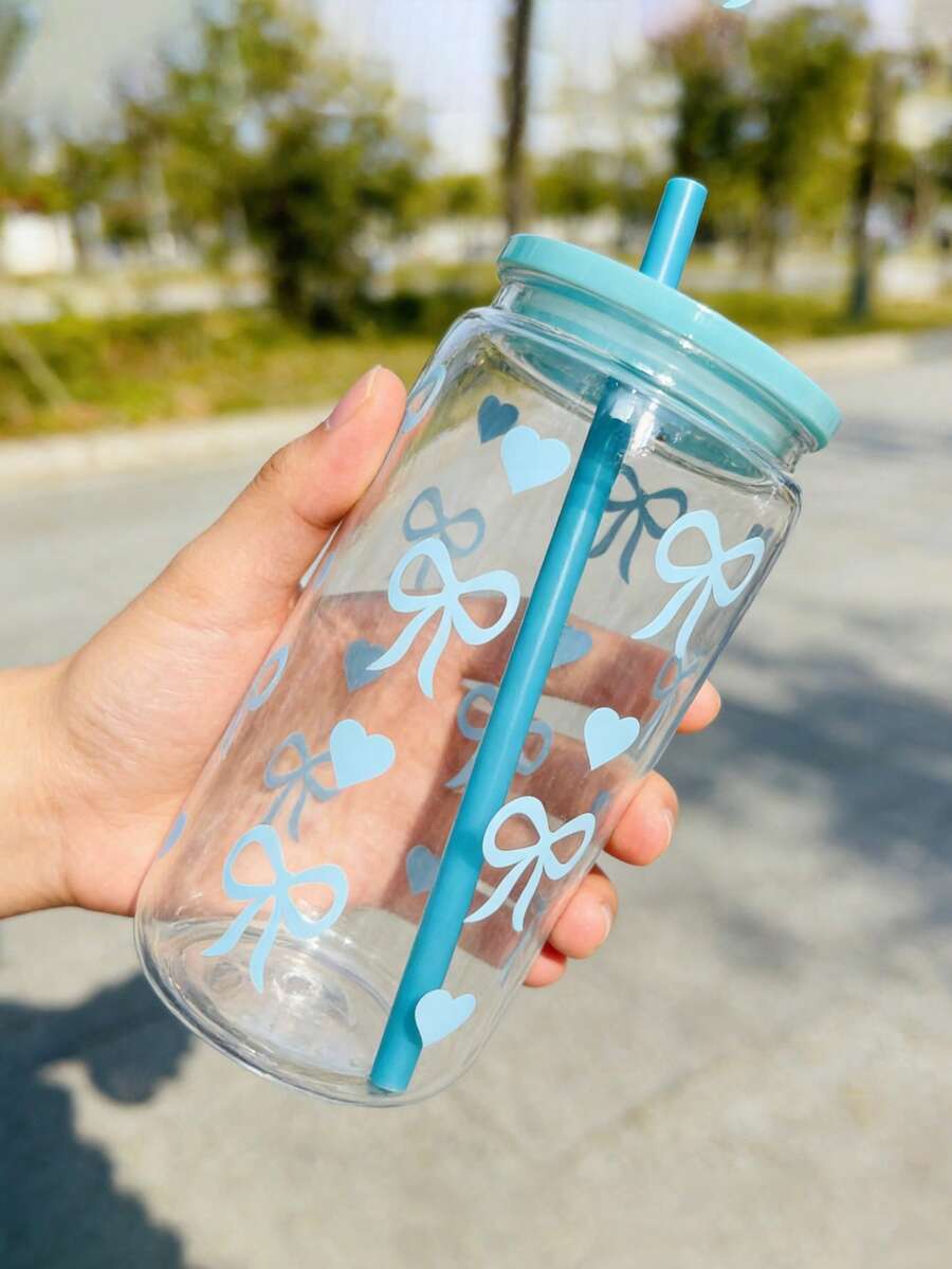 1個時尚16盎司粉色蝴蝶結塑膠杯附蓋與吸管，適合冰咖啡、便攜飲料、果汁、奶昔，女性與姊妹的理想禮物，適用於辦公室、居家辦公、開學季、學生水壺，適合夏冬兩季、生日、節日、禮物、開學、情人節、母親節、父親節，廚房配件