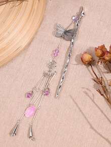 1pc Elegant Retro Chinese Style Purple Hollow Flower Butterfly Metal Hair Clip, New Chinese Hanfu/Cheongsam Hair Accessory, Headpiece, Bun Extension, Hair Styling Pins - 銀色 - 查看 10