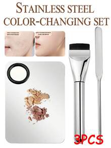 3PCS Stainless Steel Makeup Palette Set, Foundation Spatula, Straight Foundation Brush Set, Beauty Makeup Tools, Easy To Operate, Makeup Adheres Well(2PCS) - Silver - View 1