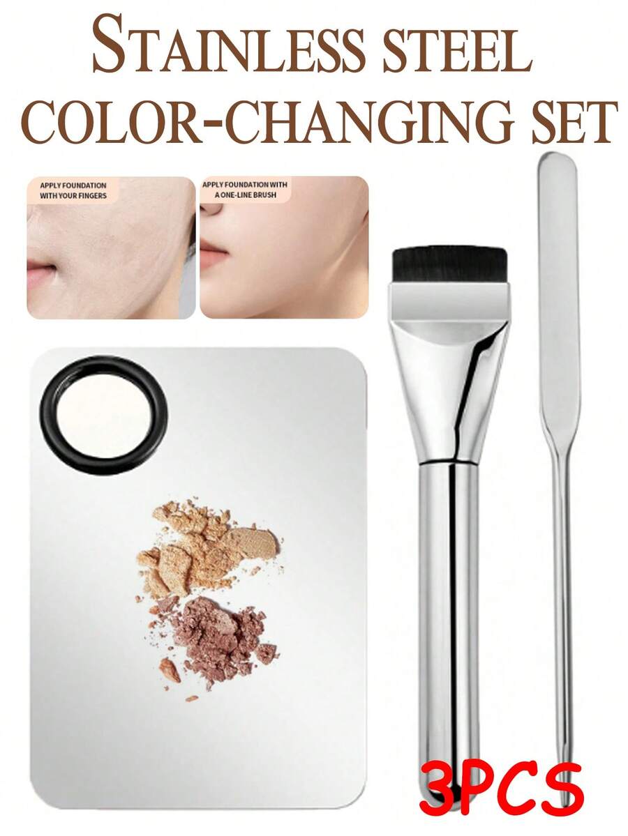 3PCS Stainless Steel Makeup Palette Set, Foundation Spatula, Straight Foundation Brush Set, Beauty Makeup Tools, Easy To Operate, Makeup Adheres Well(2PCS) - Silver - View 1