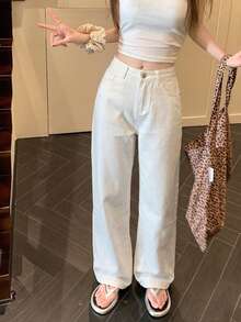 Quần jeans nữ ống rộng cạp cao, dáng suông, màu trắng, đa năng và mang phong cách retro, thích hợp cho mùa xuân. - trắng - Xem 7