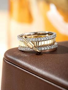 1pc Stacked Ring With 3 Bands Inlaid With Artificial Zirconia, Copper Material, Keychain Design, Fashionable High-End Wedding Ring For Women - 3 Rings - View 2