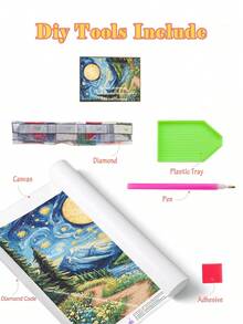 |5D DIY 鑽石畫|梵谷風格星空山谷 DIY 鑽石藝術套件，漩渦星空配滿月與雪頂山脈，手工裝飾繪畫，5D DIY 刺繡馬賽克藝術，享受動手樂趣 - 無框 - 查看 4