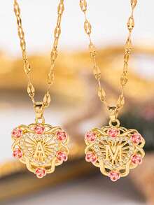 1pc Fashion Minimalist Women Necklace, Luxury Heart Rose Flower & 26 Letter Pendant Stainless Steel Clavicle Chain, Versatile Daily Wear, Gift For Friends, Valentine's Day (Note: Due To Different Production Batches, There May Be Some Color Differences; In Addition, Due To The Influence Of Lighting And Shooting Angles, The Actual Product May Have Slight Color Differences From The Pictures.) - Yellow Gold - View 4