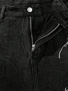 Men's Black & Grey Distressed Lightning Graffiti Embroidered Wide Leg Jeans, American Street Style Loose Straight Leg Drape Floor Length Denim Pants, Summer - Black - View 5