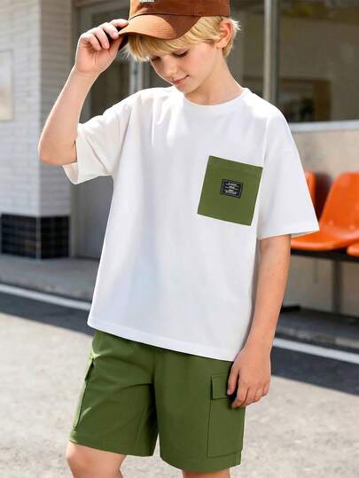 Tween Boys' Spring/Summer Short Sleeve T-Shirt And Shorts 2-Piece Set, Lightweight Casual Style, White Tee With Military Green Pockets + Woven Label, Military Green Cargo Shorts With Large Pockets, Loose Fit Durable Wrinkle-Resistant, Designed For Tween Boys For School, Outings, Daily Wear