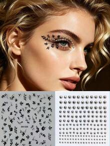 1pc INS Style Black Leaf & Silver Bead Eye Makeup Sticker, Creative Stage Makeup Decor, Self-Adhesive 3D Rhinestone Sticker, Suitable For Photo Shooting, Y2K, Face Glitter, Carnival, Face Sticker, 3D Sticker, Face Gems, Decorative Sticker,Concert Look - 彩色 - 查看 1