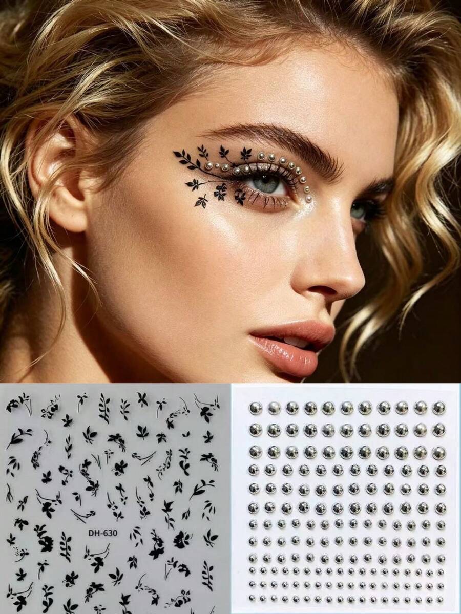 1pc INS Style Black Leaf & Silver Bead Eye Makeup Sticker, Creative Stage Makeup Decor, Self-Adhesive 3D Rhinestone Sticker, Suitable For Photo Shooting, Y2K, Face Glitter, Carnival, Face Sticker, 3D Sticker, Face Gems, Decorative Sticker,Concert Look - 彩色 - 查看 1