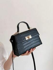 Lightweight,Business Casual Mini Crocodile Embossed Twist Lock Flap Square Bag For Teen Girls Women College Students,Rookies & White-Collar Workers Perfect For Office,College,Work ,Business,Commute,Outdoors, Travel, Outings, Animal Print Women Bag - màu đen - Xem 1