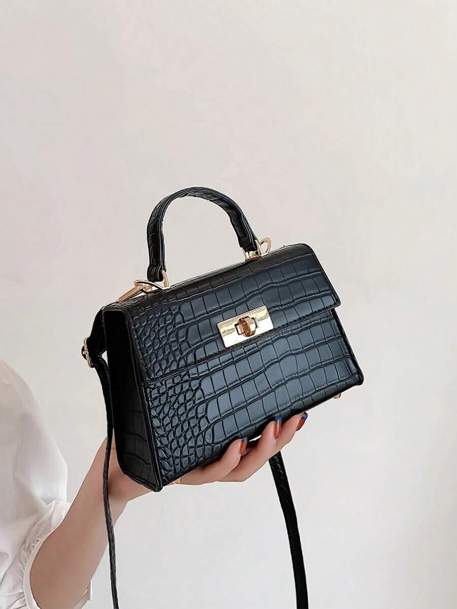 Lightweight,Business Casual Mini Crocodile Embossed Twist Lock Flap Square Bag For Teen Girls Women College Students,Rookies & White-Collar Workers Perfect For Office,College,Work ,Business,Commute,Outdoors, Travel, Outings, Animal Print Women Bag - màu đen - Xem 1