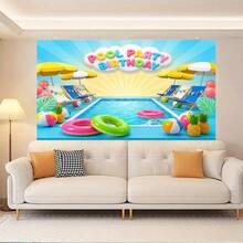Cartoon Pool Party Birthday Backdrop Colorful Floats Beach Chairs Umbrellas Decor Polyester Photography Background - Multicolor - View 6
